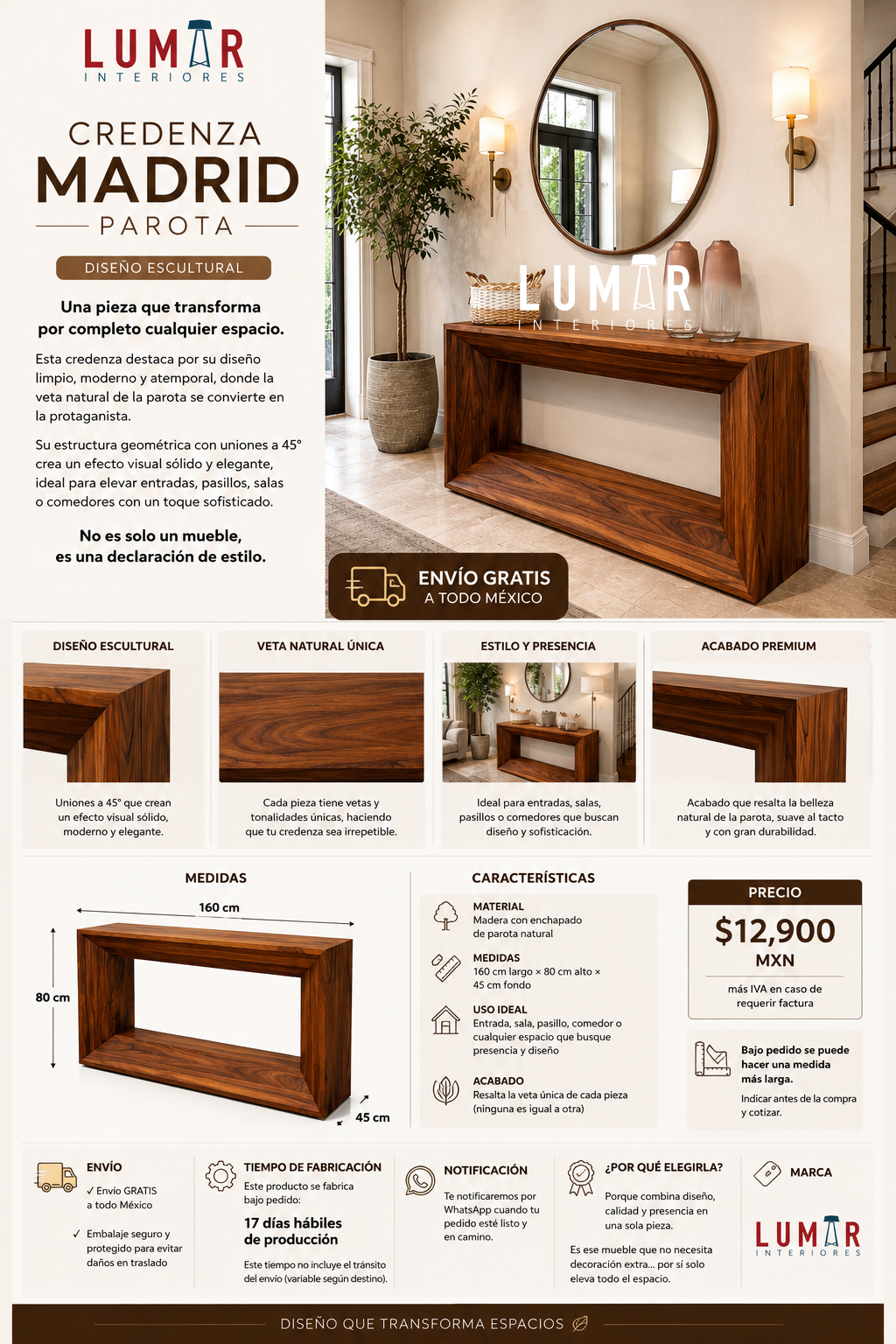 Credenza Chapa Parota Recibir o Comedor Querétaro Espejos